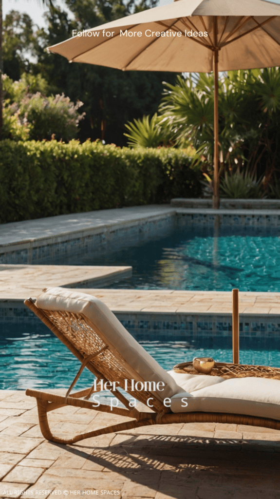  A rattan day lounger with a side table and a small umbrella, set up by a pool or in a sunny corner of the yard.