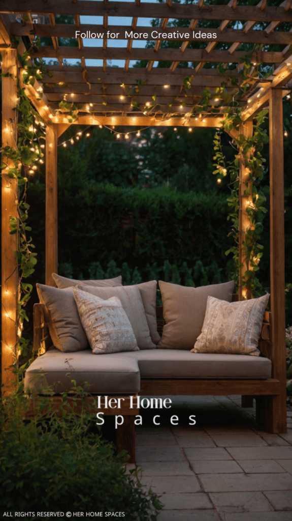  A pergola with integrated seating, draped with climbing plants and illuminated by string lights.