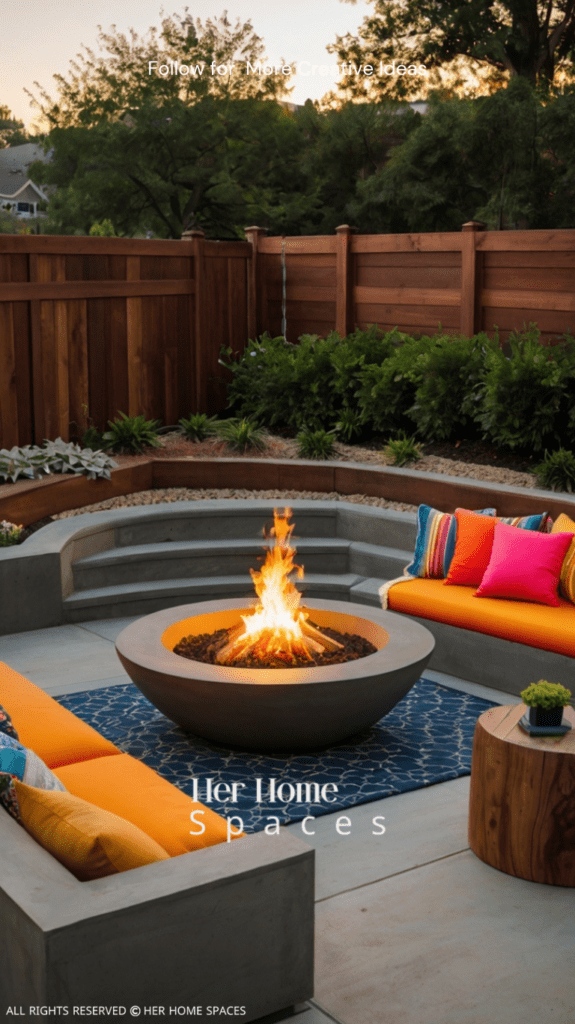 A concrete fire pit with built-in seating, adorned with colorful cushions and cozy throws.