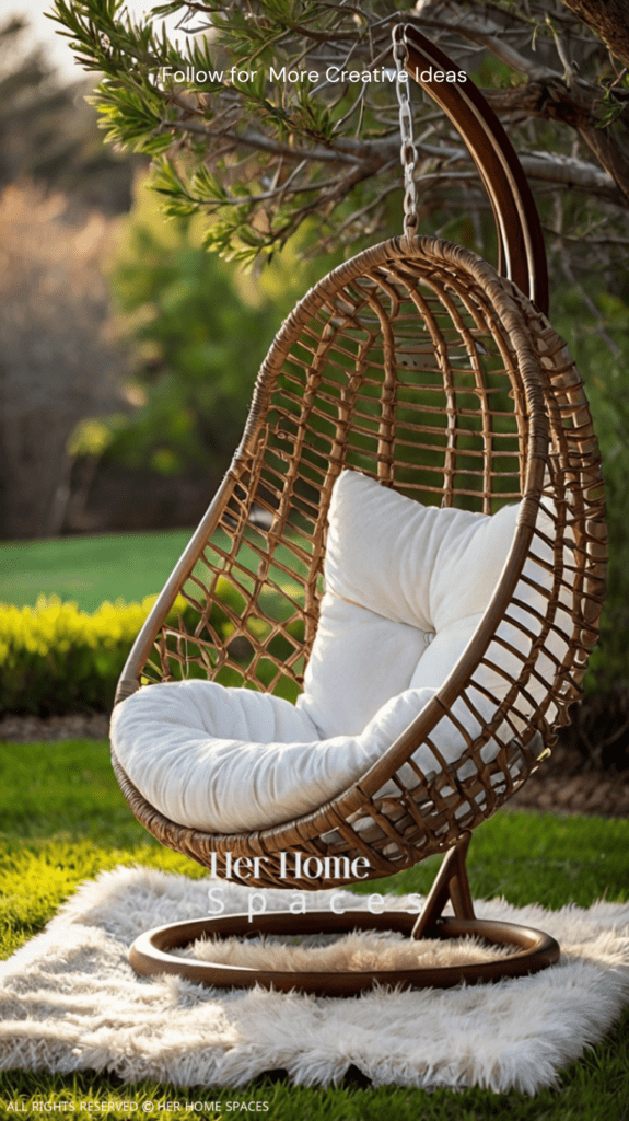  A hanging egg chair with a plush cushion and a throw blanket, suspended from a sturdy tree branch.