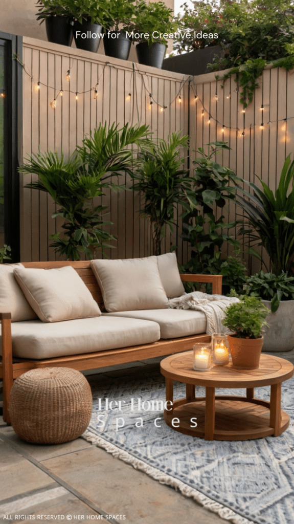 A minimalist outdoor lounge set with neutral cushions, surrounded by potted plants and subtle string lights.