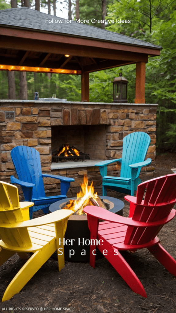 A group of brightly colored Adirondack chairs arranged around a fire pit, with a small side table nearby.